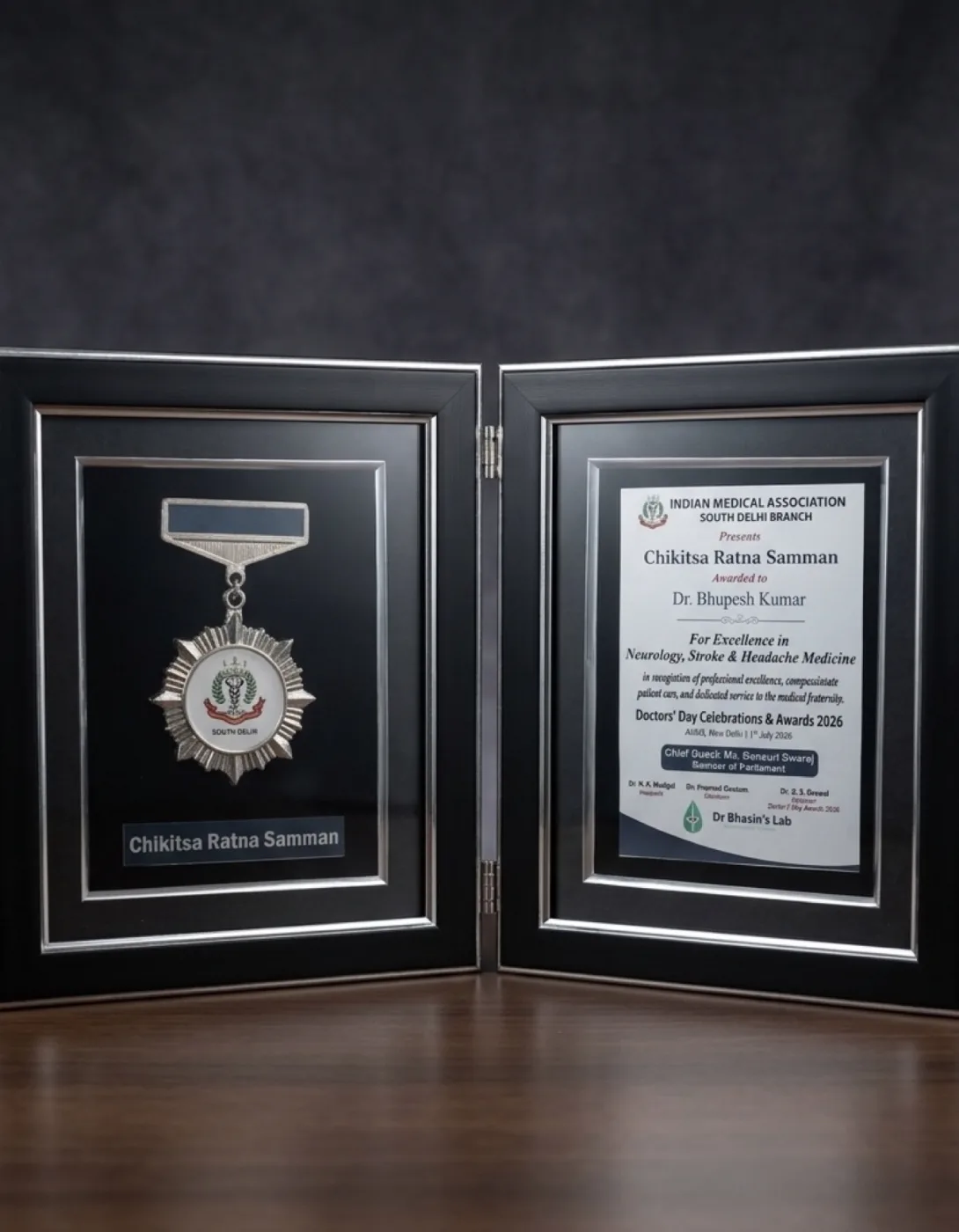 Chikitsa Ratna Samman awarded to Dr. Bhupesh Kumar by Indian Medical Association South Delhi for Excellence in Neurology, Stroke and Headache Medicine
